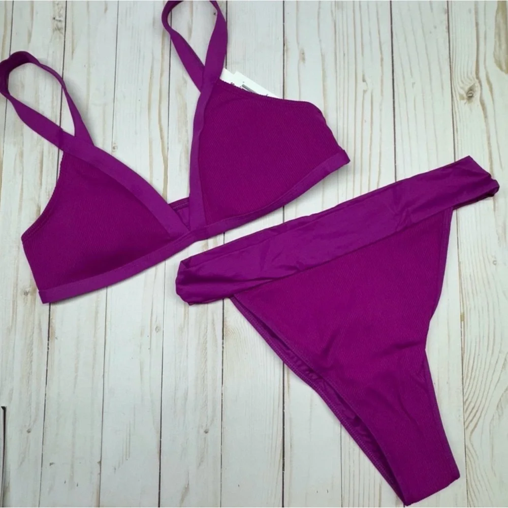 L*Space Farrah Bikini Top and Lola Bitsy Bikini Bottom Ribbed Swimsuit Sz Small